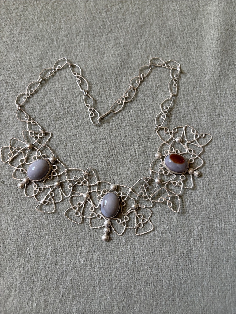 Silver Filigree Statement Necklace with Gray and Brown Cabochons